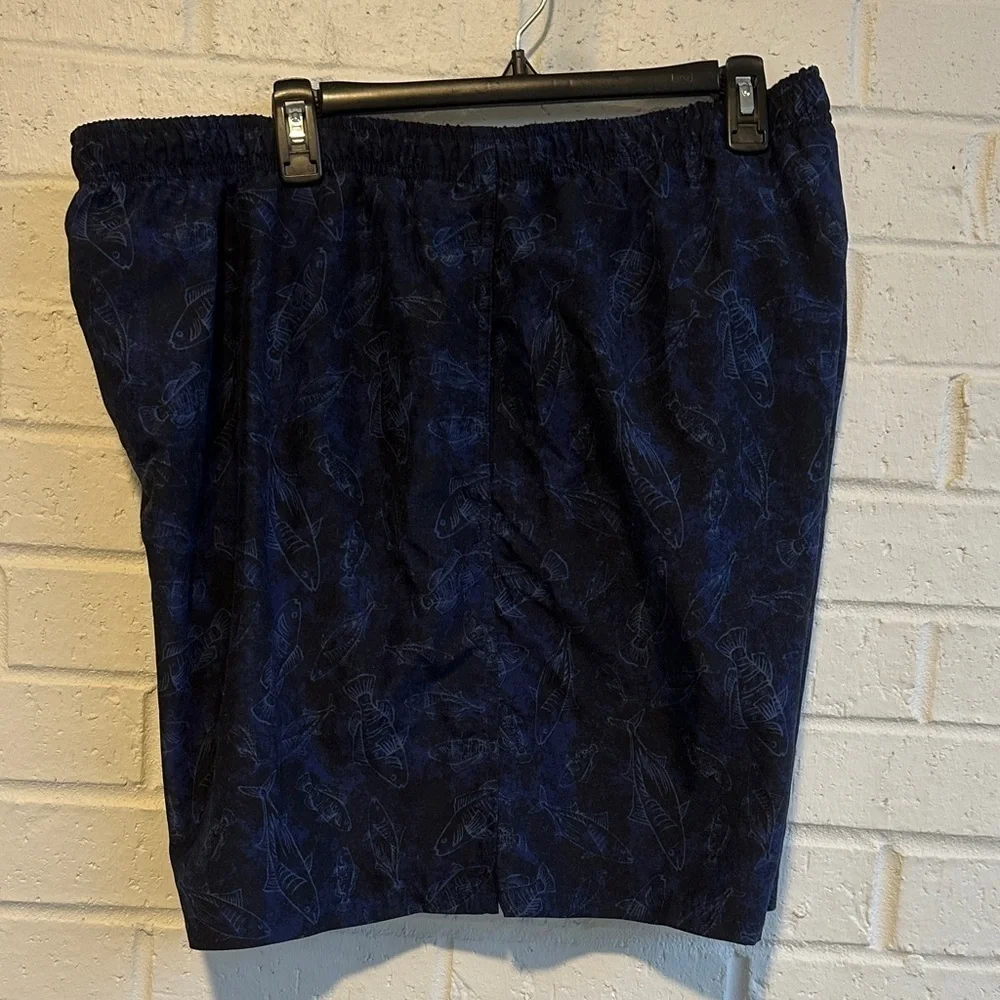 Trader Bay Blue Swim Trunks Pale Blue Fish Print Elastic Drawcord Waist 2XL NWOT